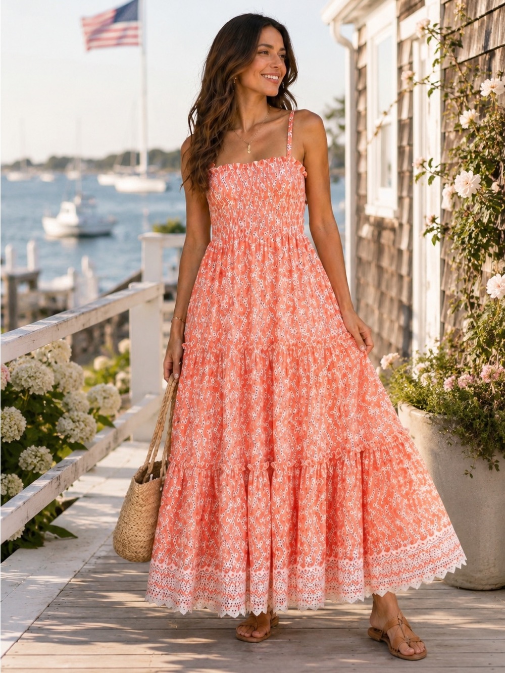 Bardot Coral Smocked Eyelet Maxi Sundress Resort Vacation Size S